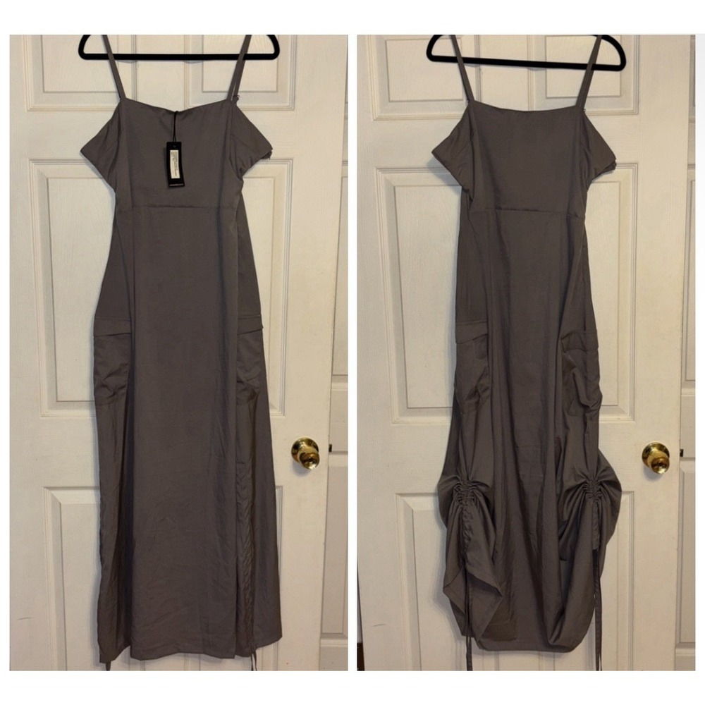 NWT Standard Issue NYC Sz L Grey Parachute Ruched Maxi Dress Pockets Adjustable